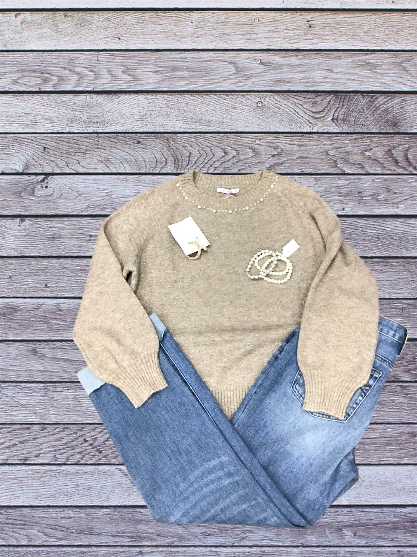 Taupe Sweater with Pearl Trim