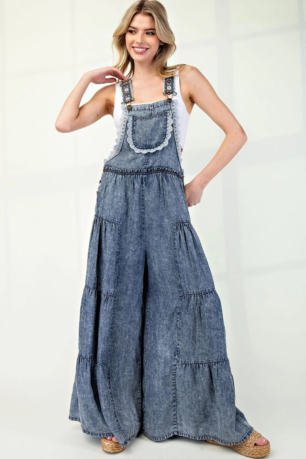 Sleeveless Lace Denim Jumpsuit