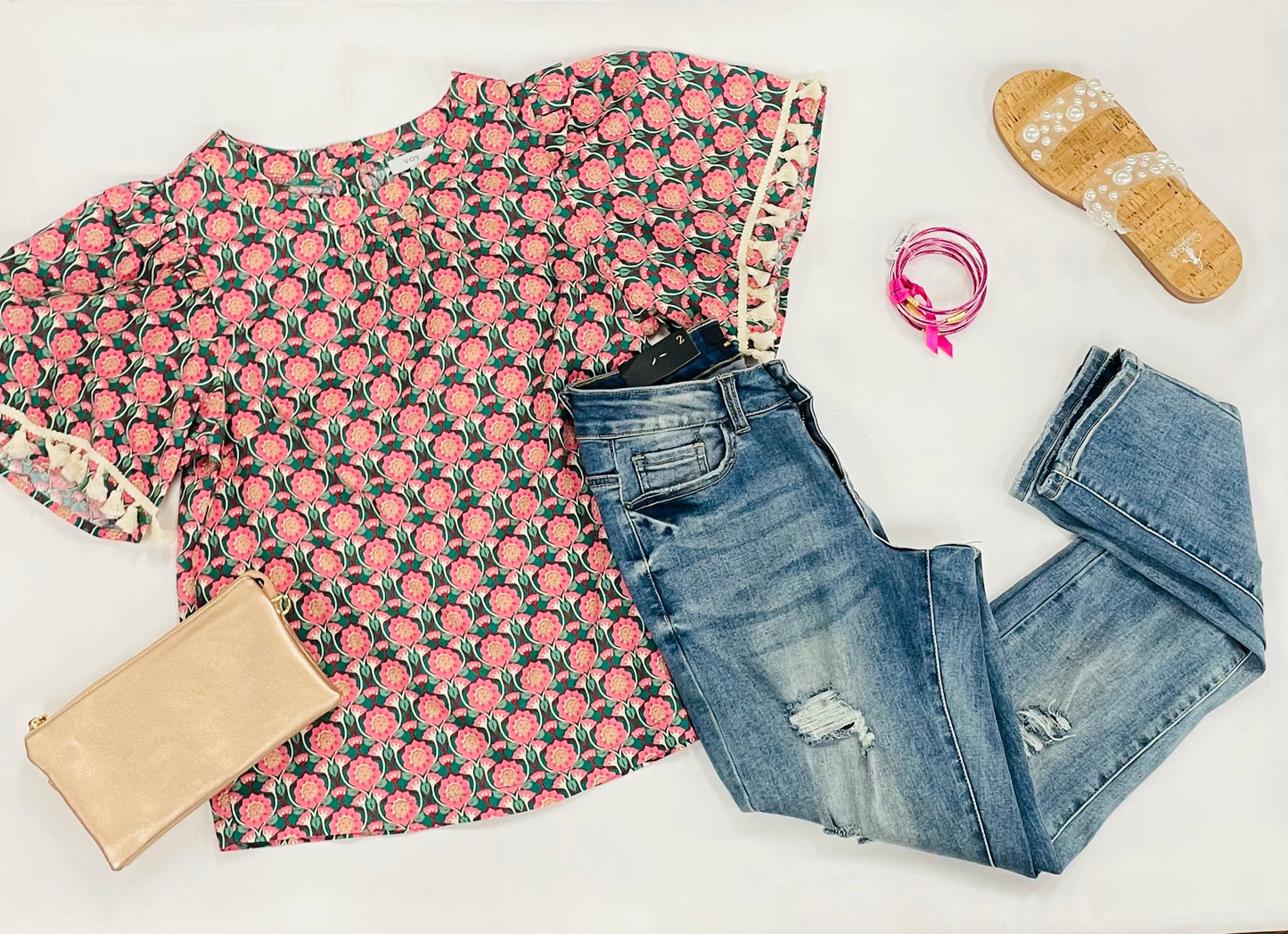 Fringe Trim Short Sleeve Printed Top