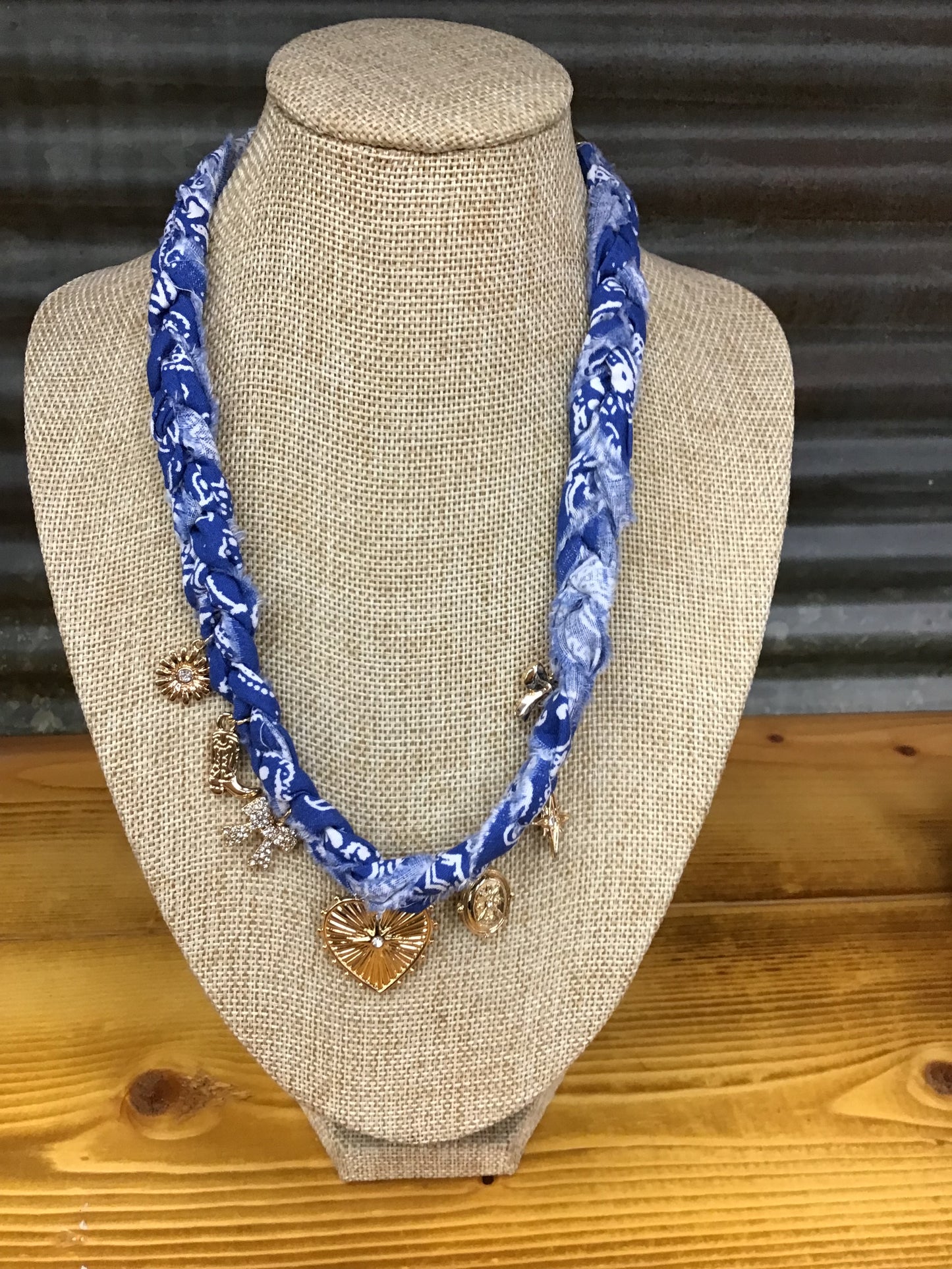 Blue Braided Scarf Necklace with Heart, Bow, and Boot Charms