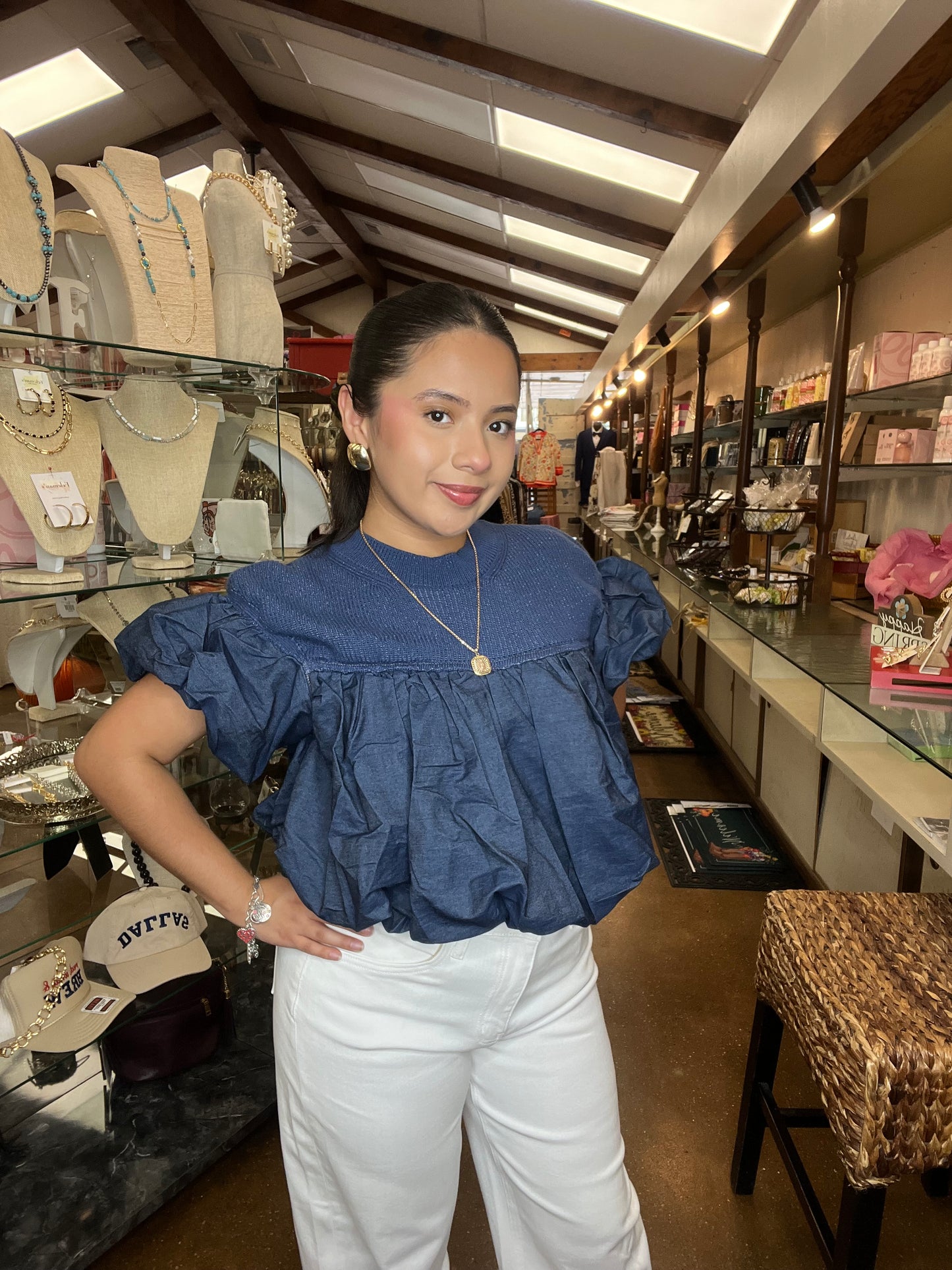 Denim/Sweater Bubble Blouse