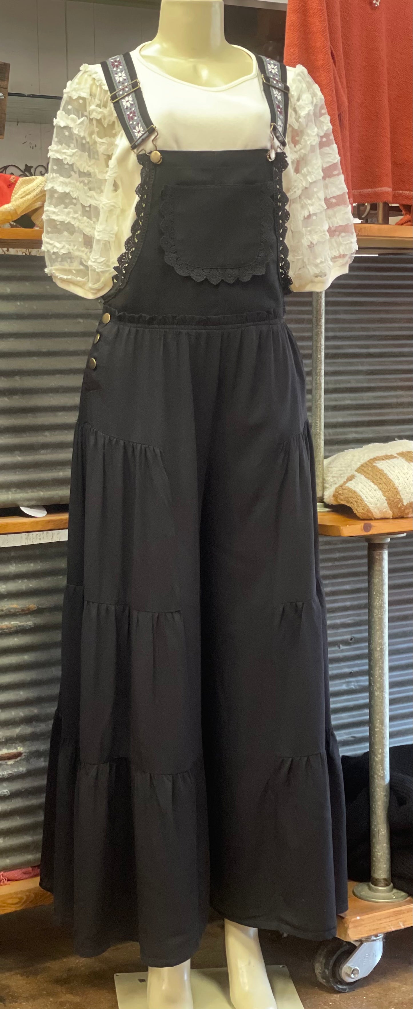 Black Denim Lace Trim Jumpsuit