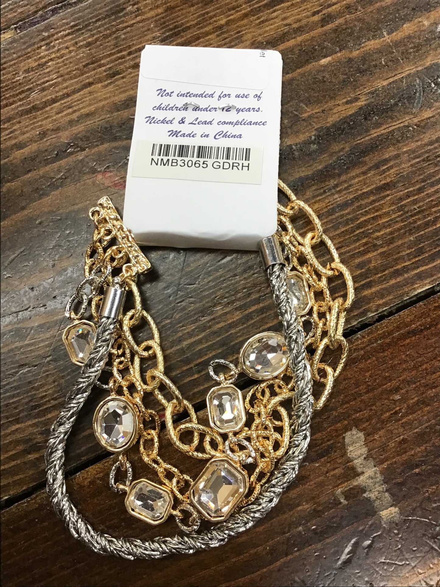 Gold & Silver Textured Chain Crystal Bracelet