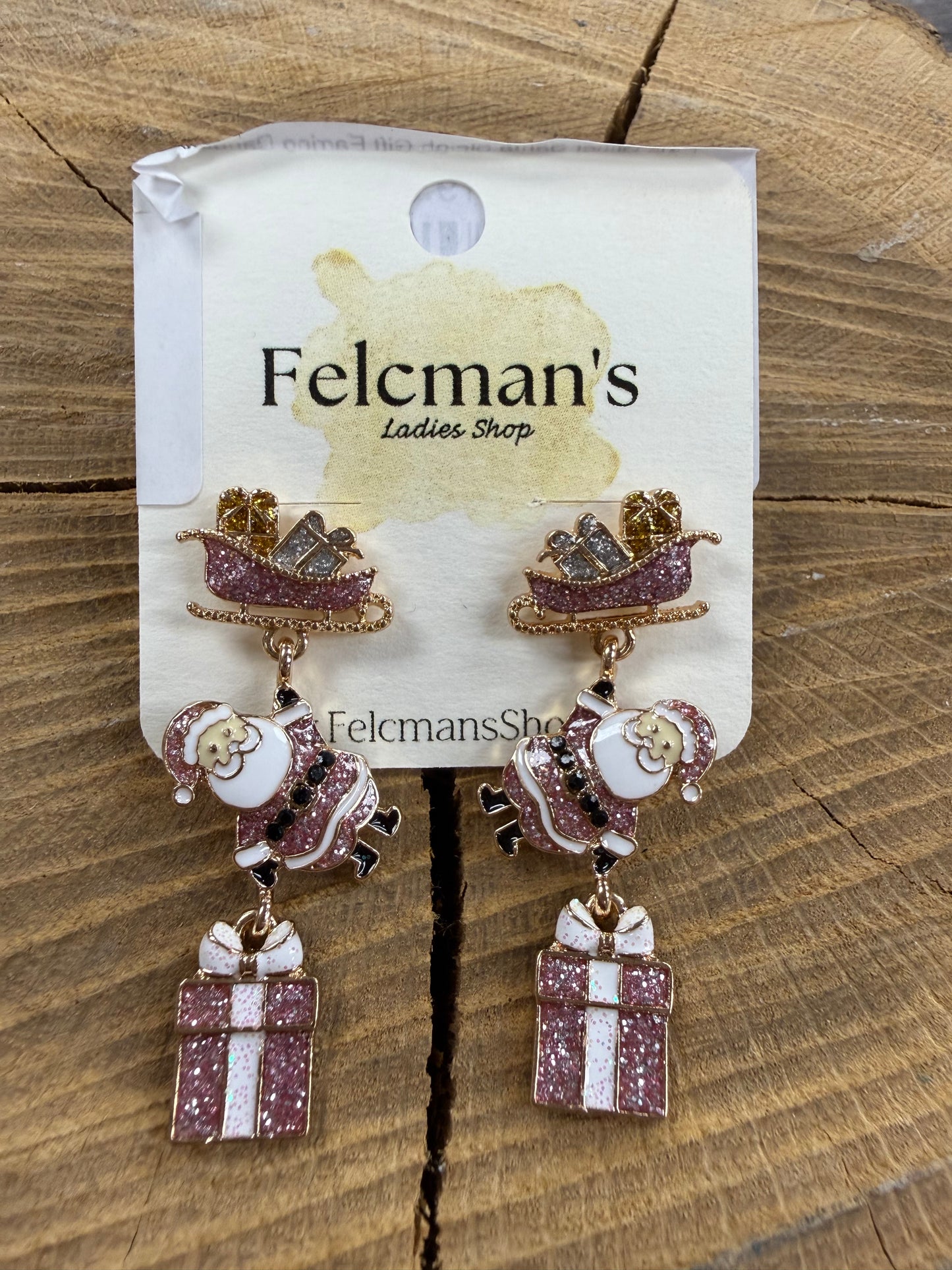 Pink Glitter Santa,Sleigh,Gift Earring Dangles