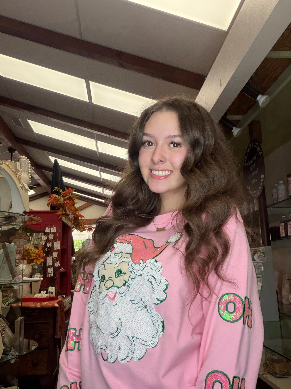 Pastel Pink Sequin Santa Sweatshirt
