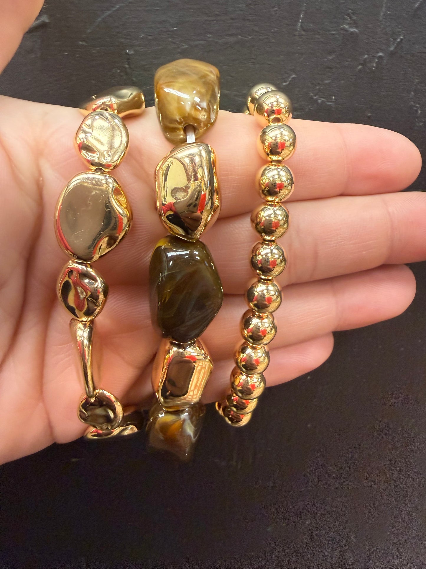 Brown Natural Stone and Gold Bracelet Set