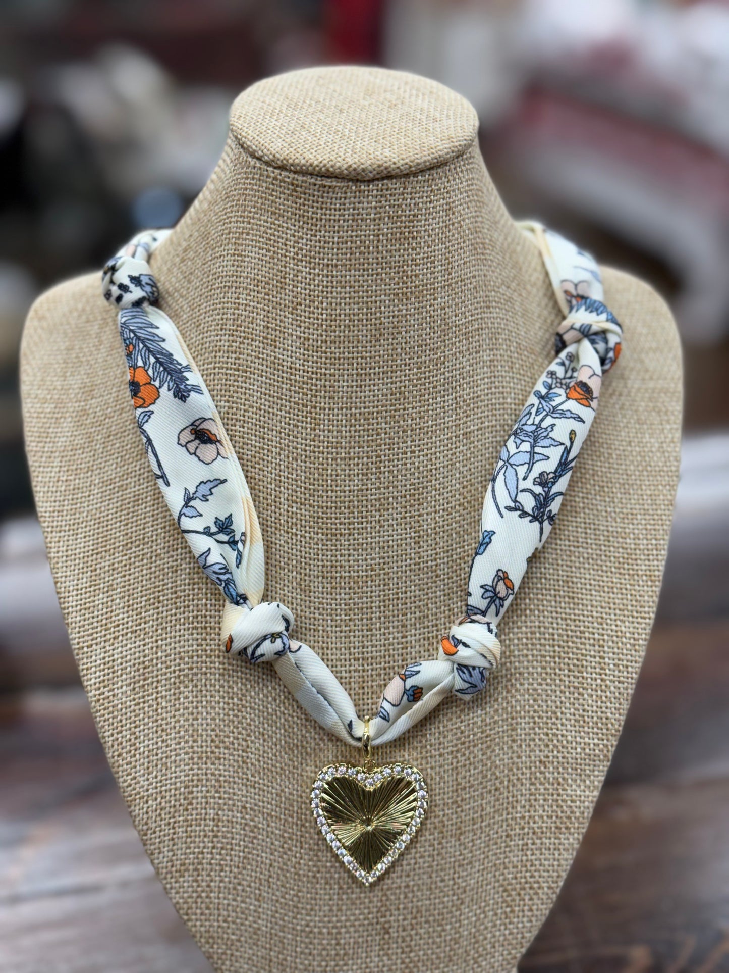 Cream and Blue Knotted Scarf Necklace with Heart Charm