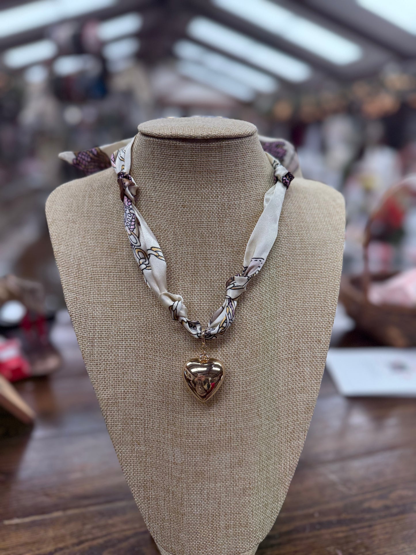 Cream/Neutral Knotted Scarf Puffy Heart Charm
