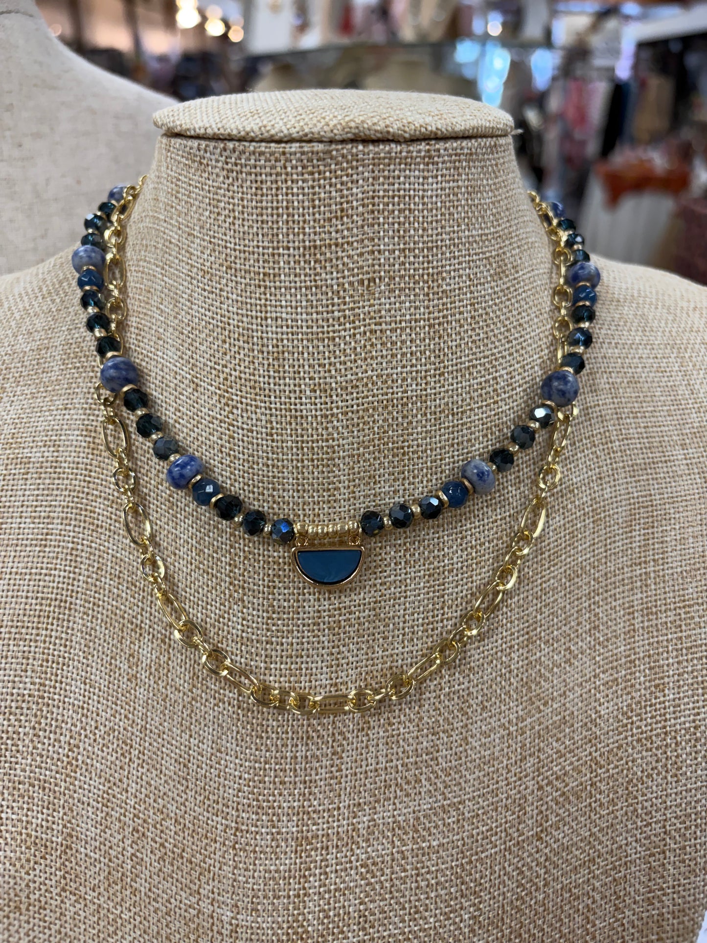Blue 2-Row Semi-Circle Beaded Necklace
