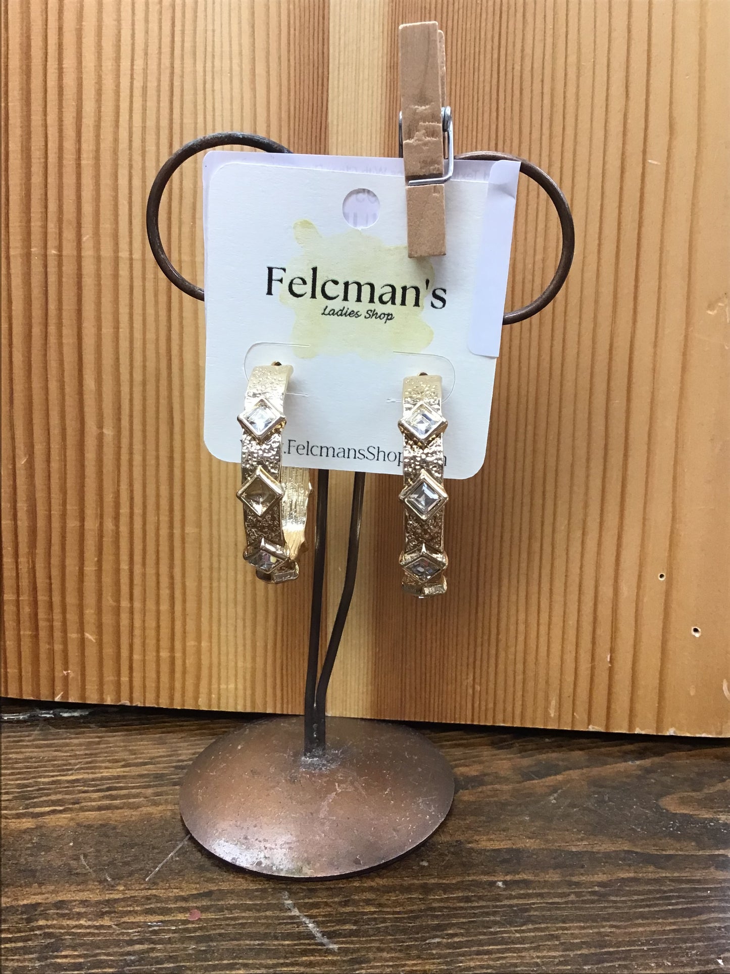 Gold Textured Hoops With Clear Diamonds