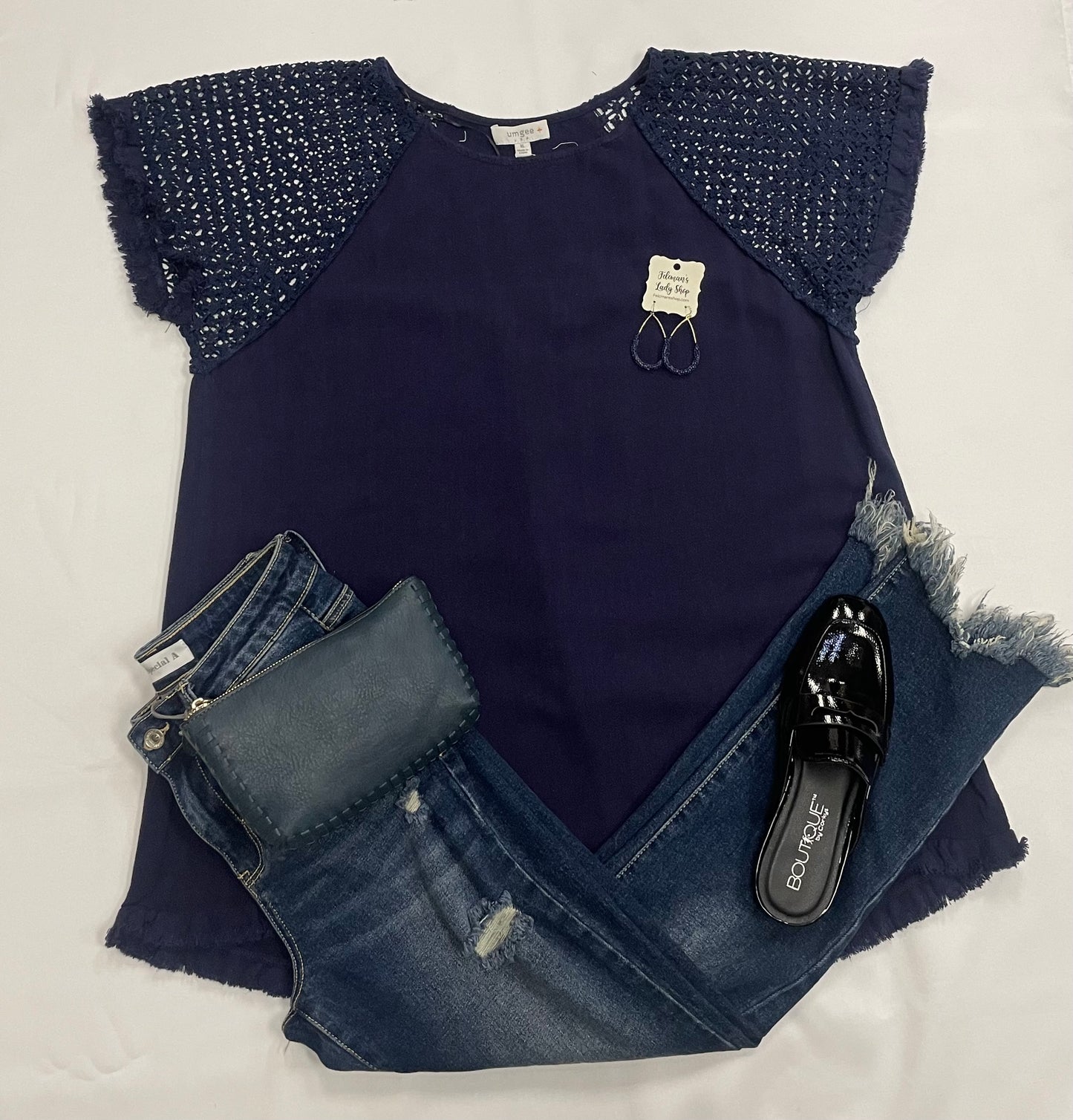 Navy Blue Lace Sleeve Blouse