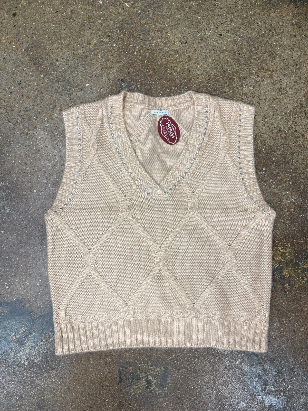 Camel Ribbed Sweater Vest With Studs