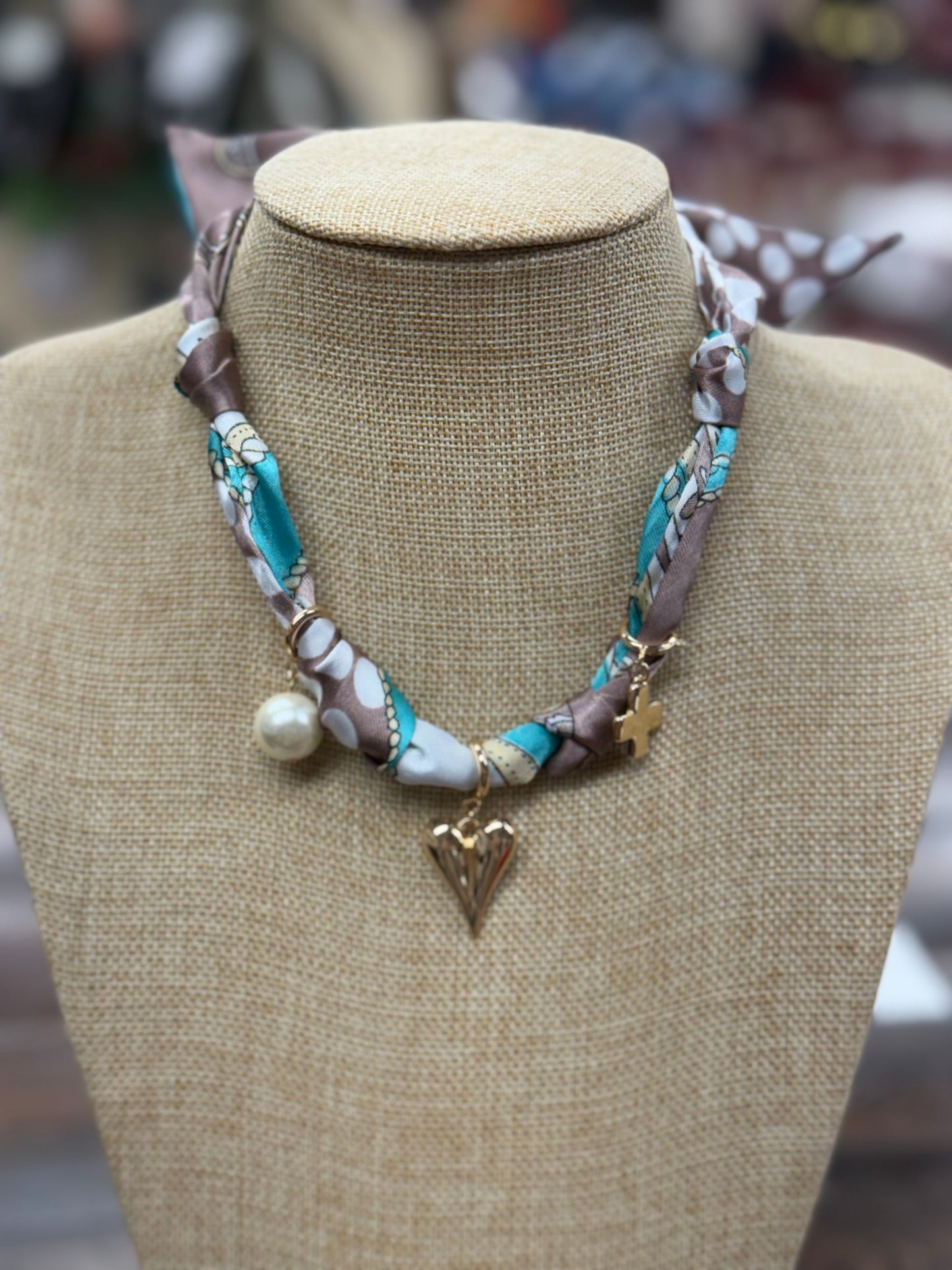 Blue/White Knotted Scarf Charm Necklace