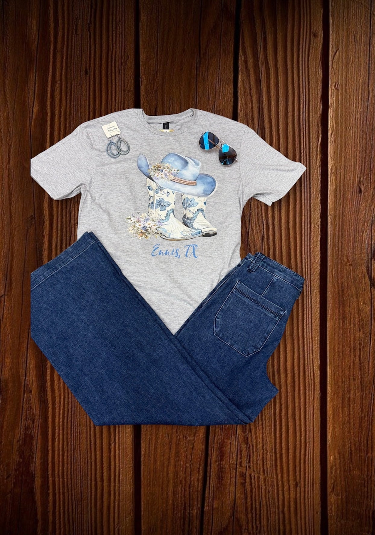 Blue & White Cowboy Boot & Hat On Grey T-Shirt