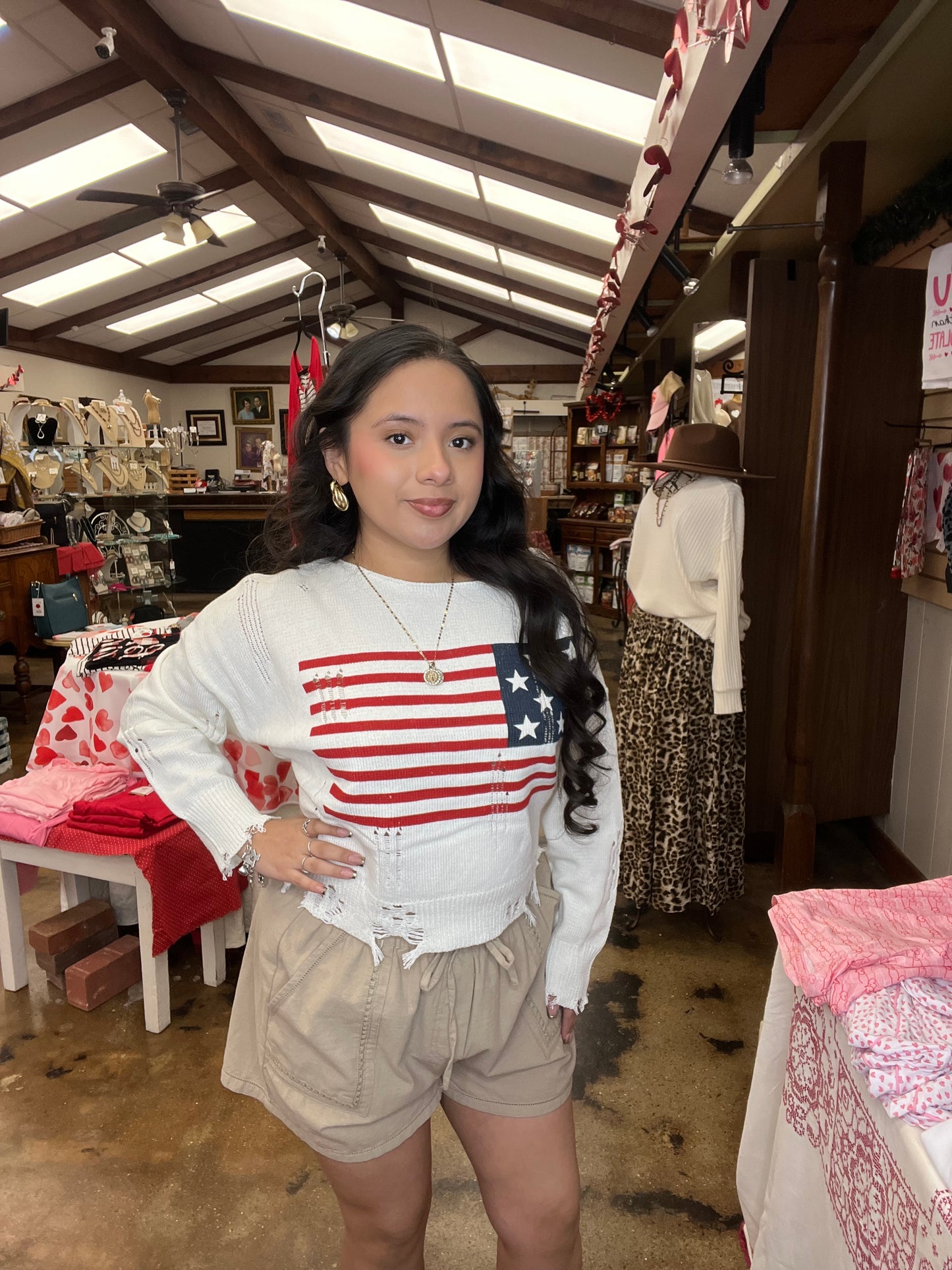 Ivory American Flag Distressed Sweater