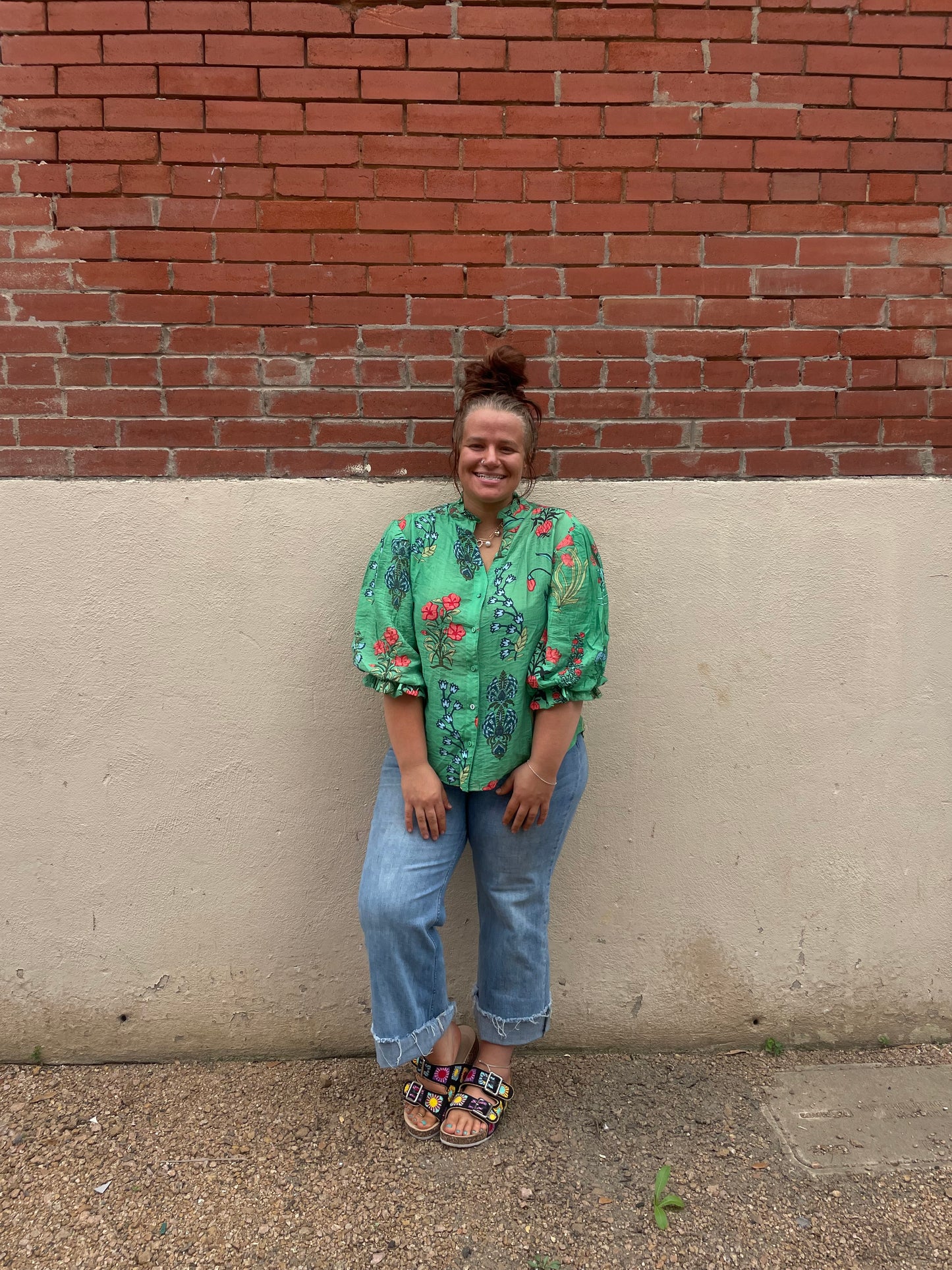 Green Printed Button Down Top With Balloon Sleeves