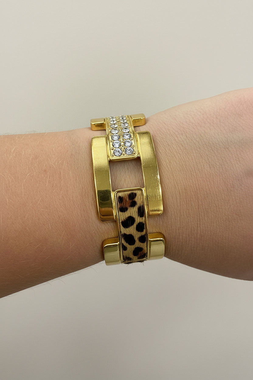 Thick Gold Chain Clip Bracelet With Cheetah & Crystals