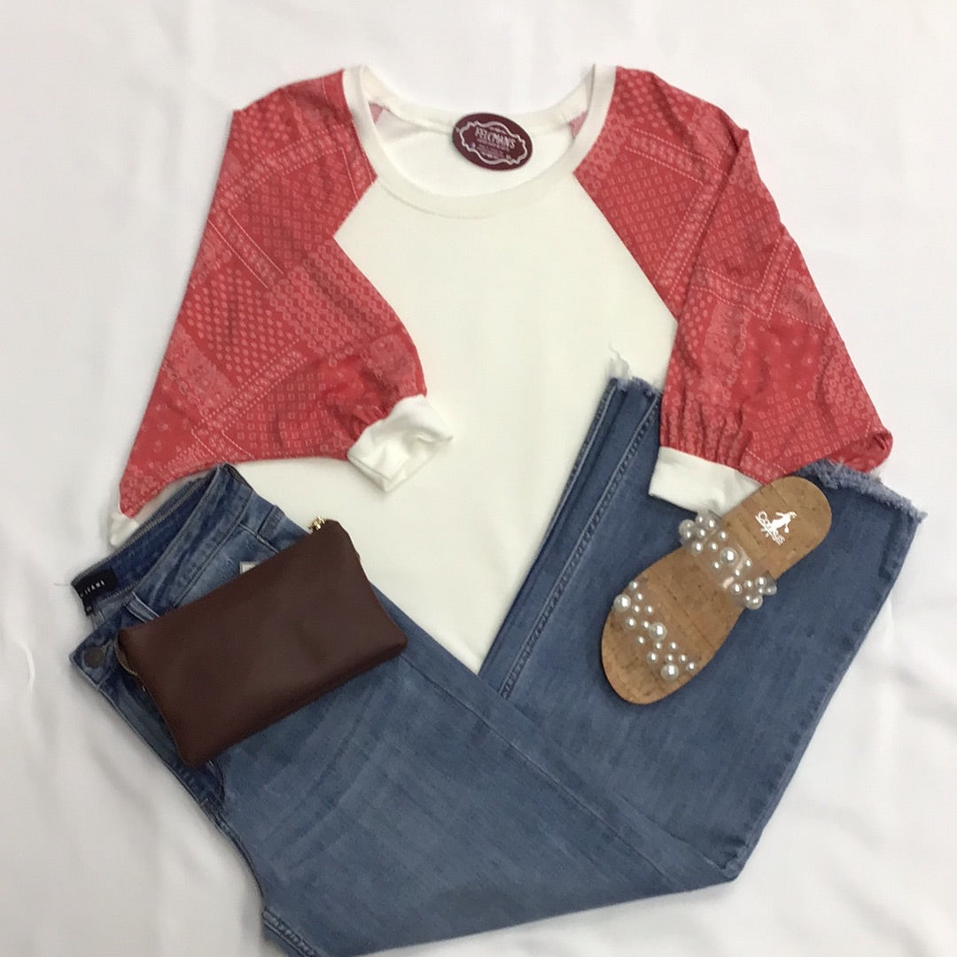Solid and Print Mix Match 3/4 Sleeve Baseball Top