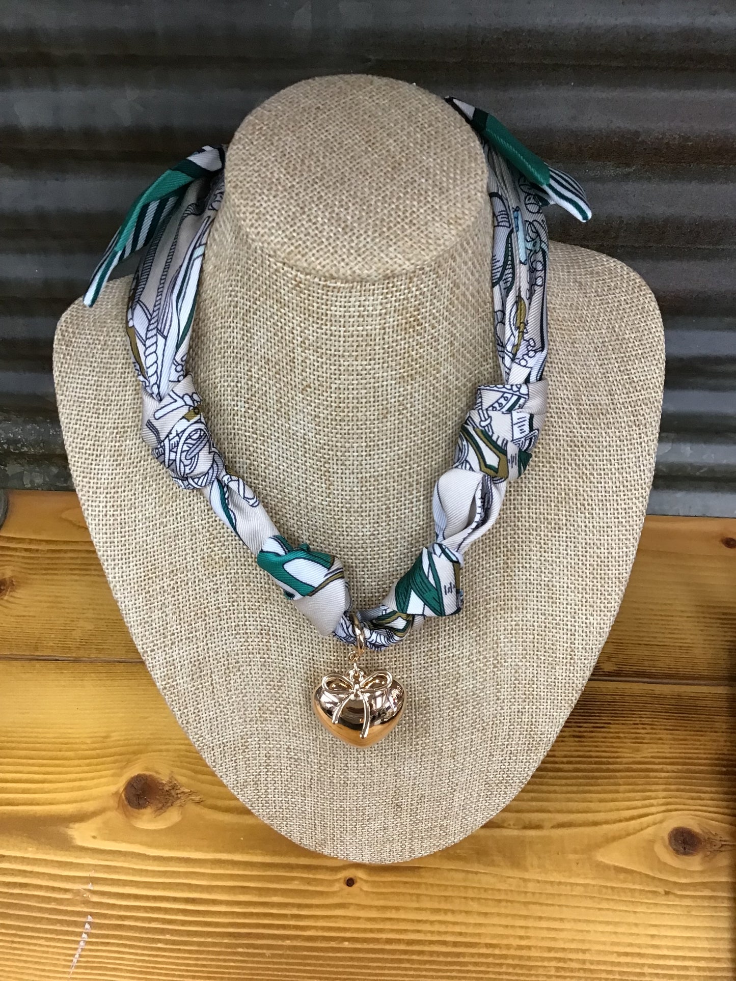 Cream and Turquoise Knotted Scarf Necklace with Gold Heart