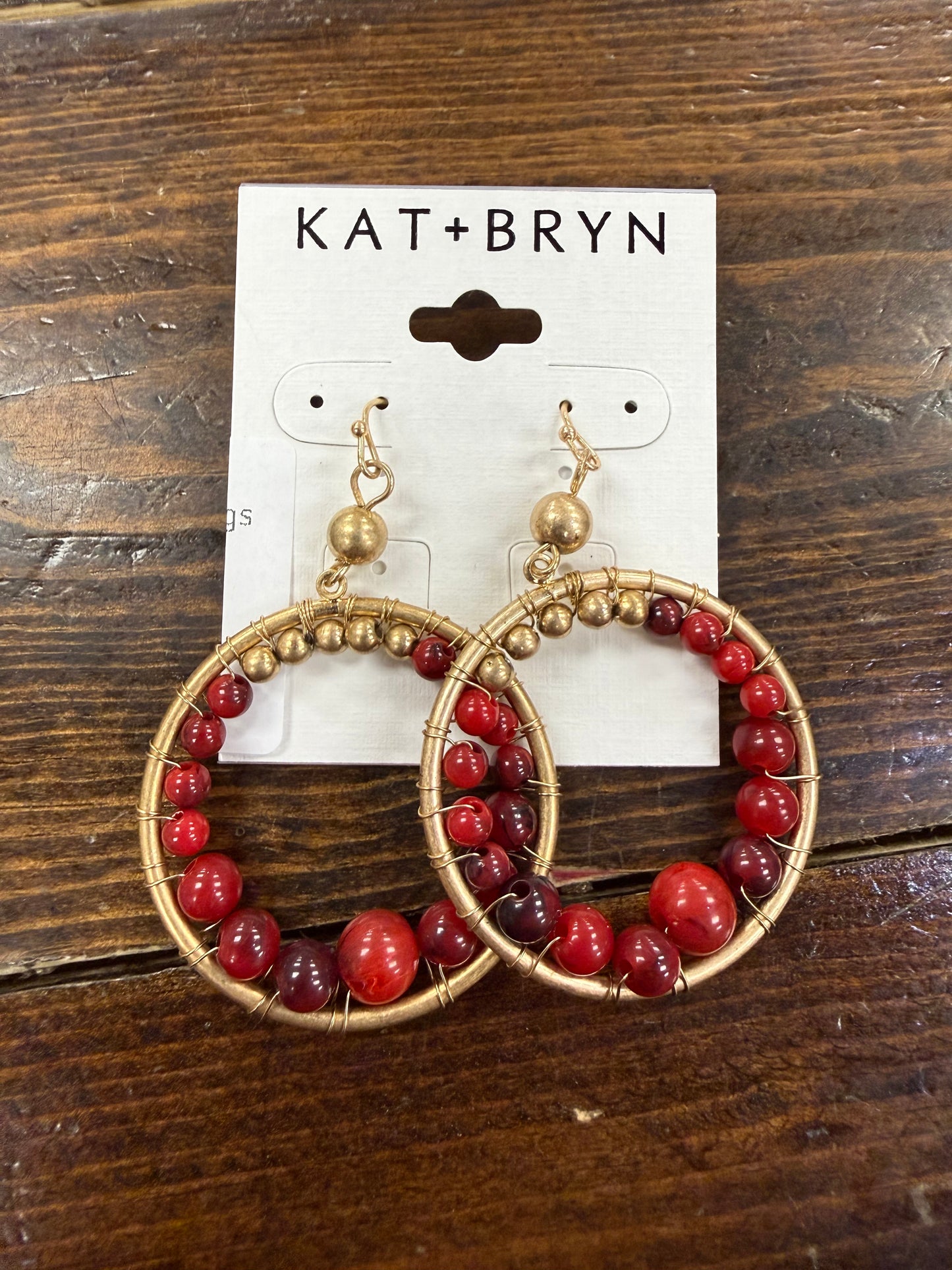 Red Beaded Hoop Dangle Earrings