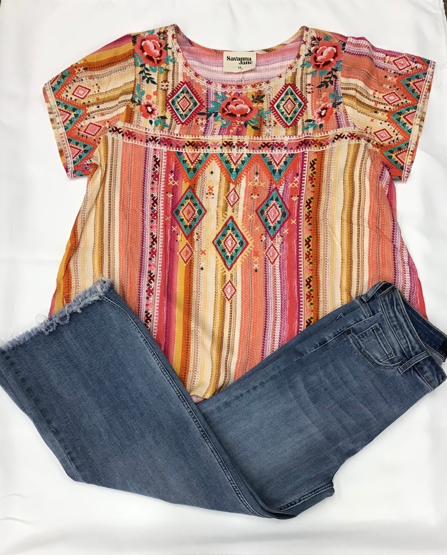 Savanna Jane Buffy Embroidered Top in Multi Stripe
