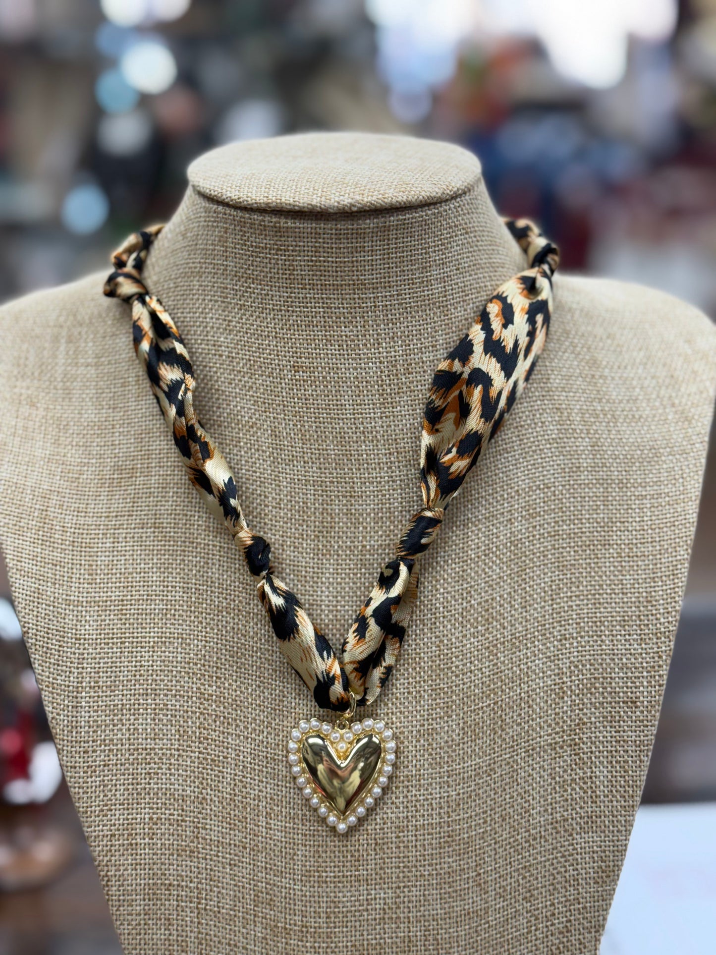 Cheetah Silk Scarf Heart Pearl Charm