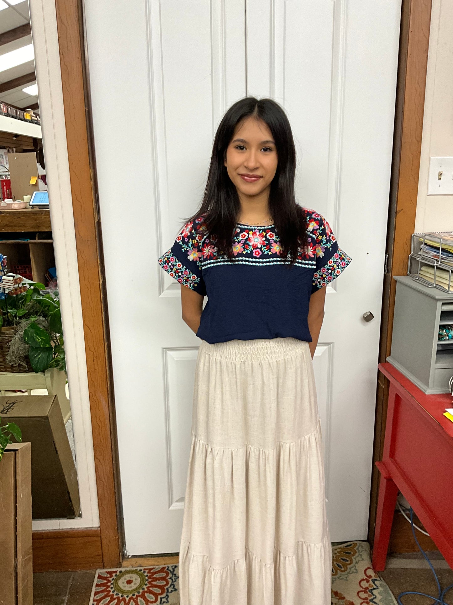 Navy Floral Embroidery Blouse