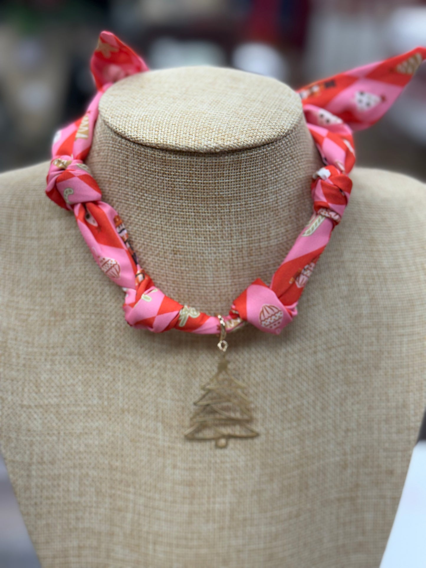 Pink/Red Christmas Printed Silk Knotted Charm Scarf