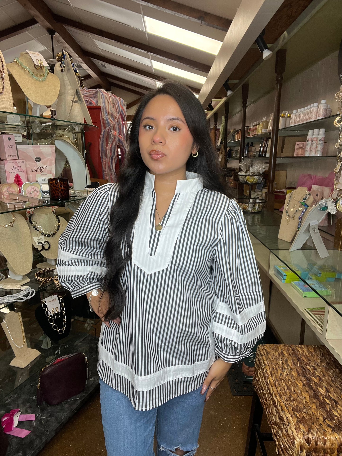 Black Striped Long-Sleeve Blouse
