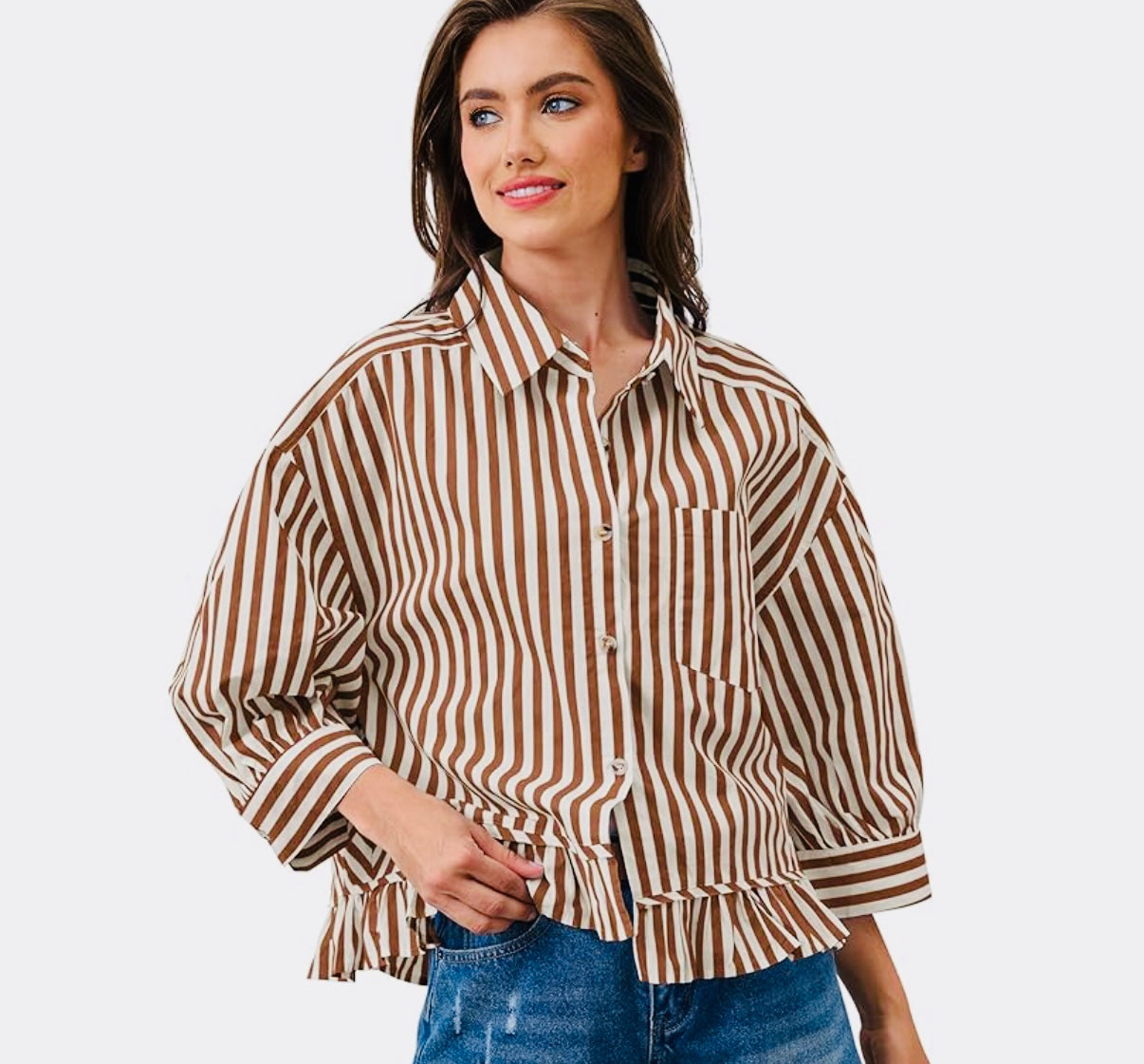 Cropped Striped Wine Ruffle Blouse