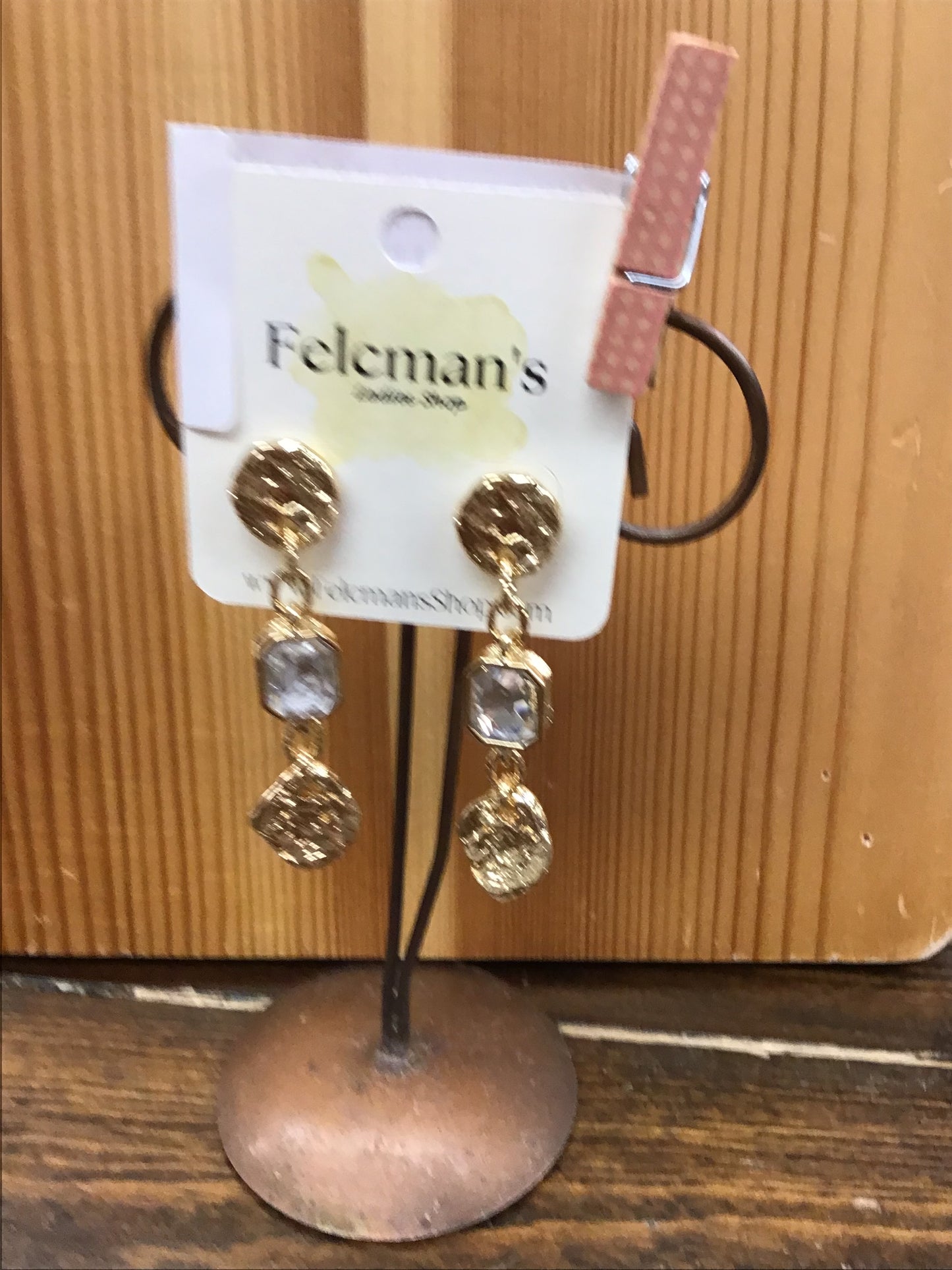 Gold Hammered Coin With Clear Crystal