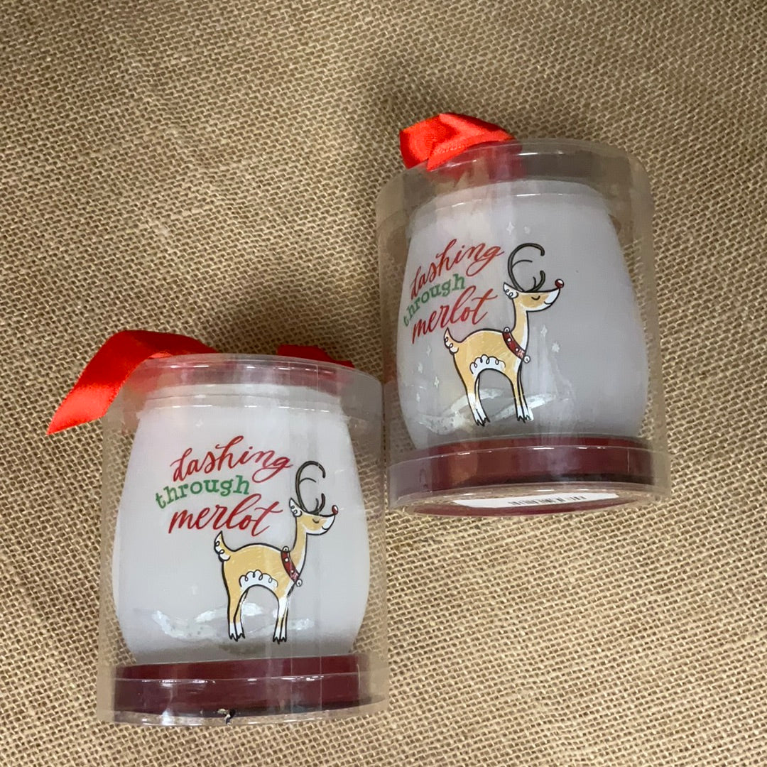 Wine Glass Stemless Reindeer Dashing Thru Merlot