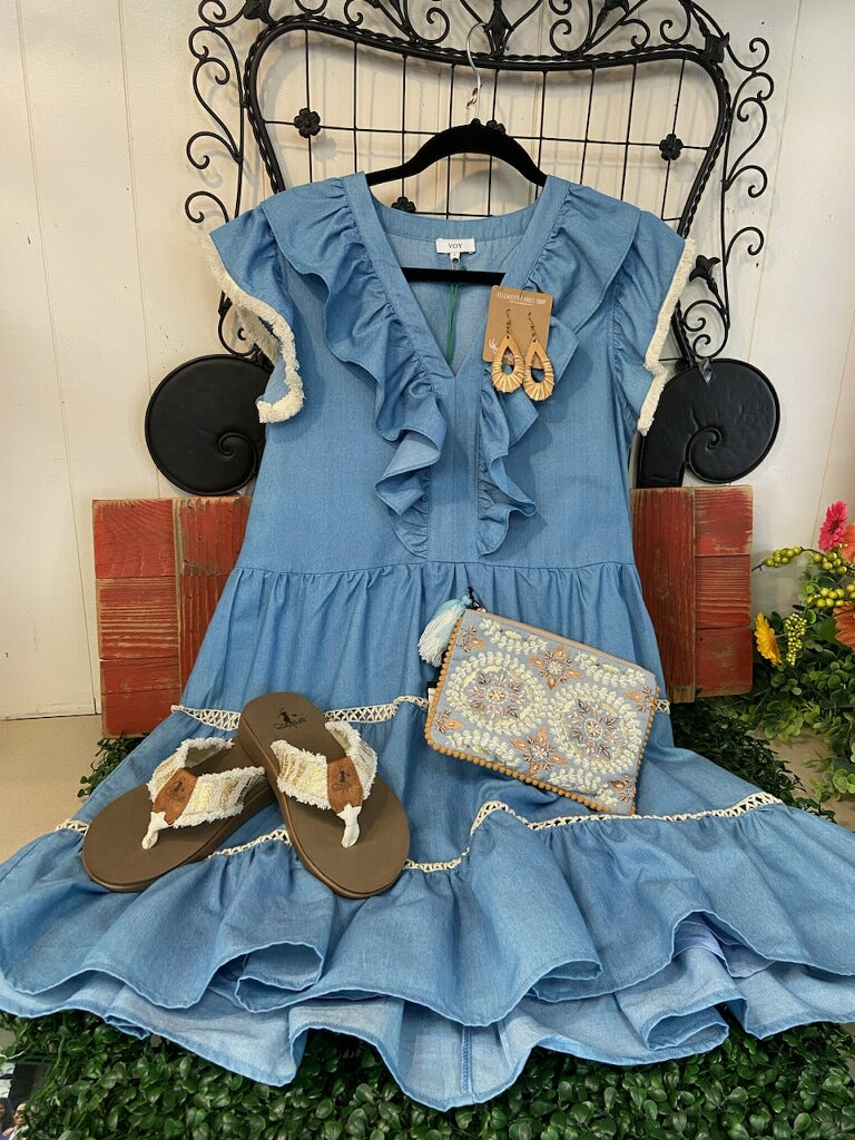Fringe and Lace Denim Dress Felcman's Ladies Shop Fringe and Lace Denim Dress Felcman's Ladies Shop