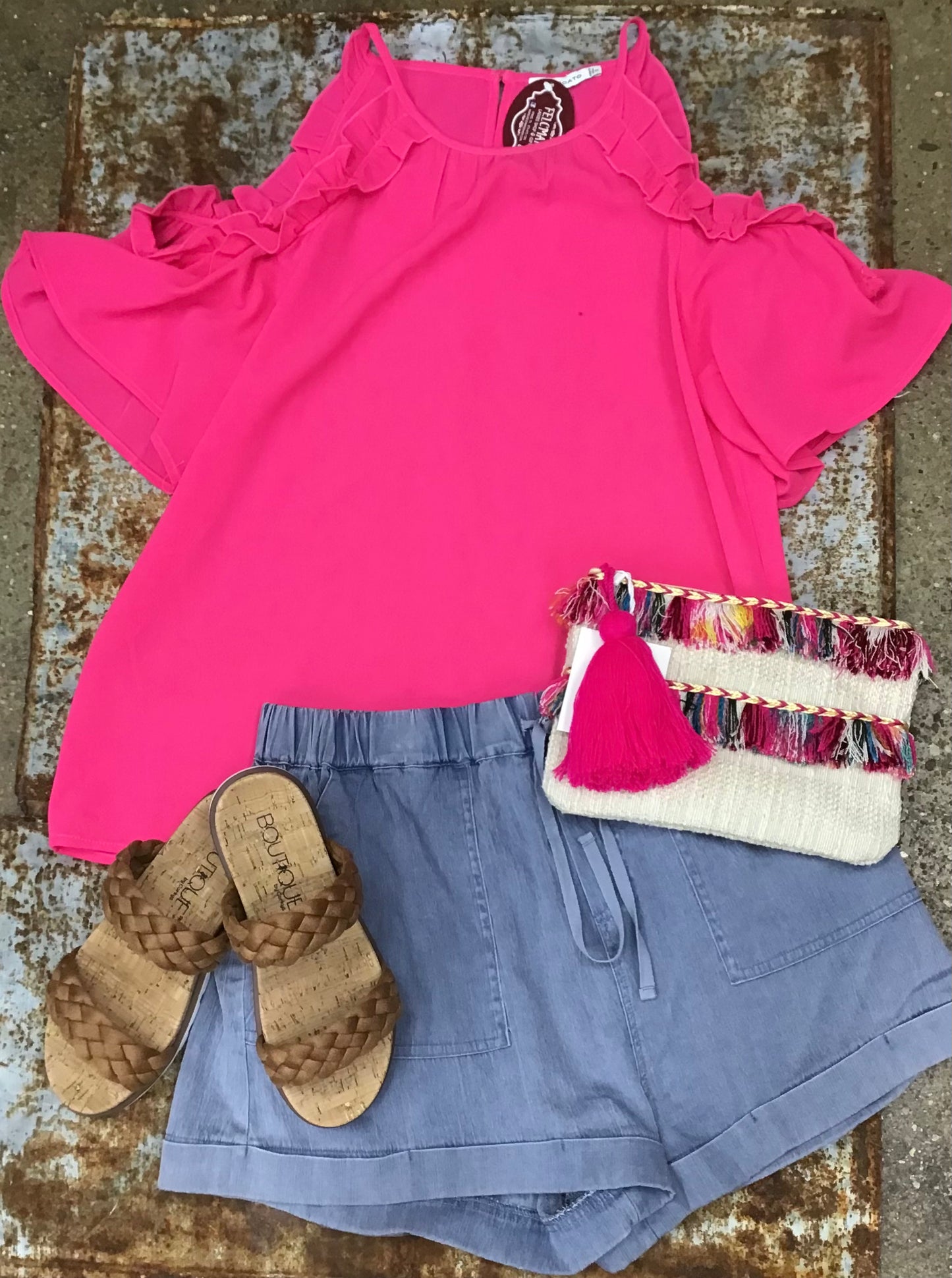 Hot Pink Ruffle Cold Shoulder