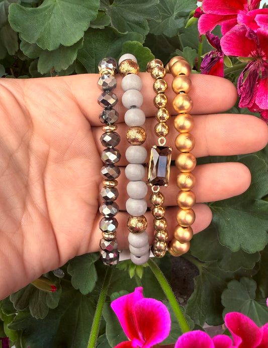 Grey Wood/Crystal Beaded Stretch Bracelets