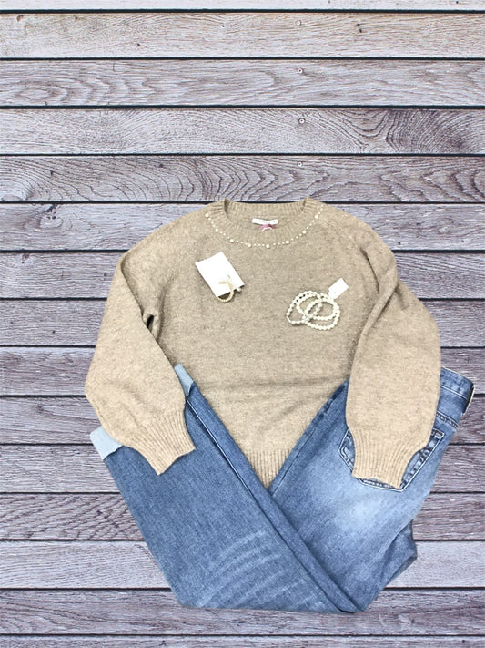 Taupe Sweater with Pearl Trim