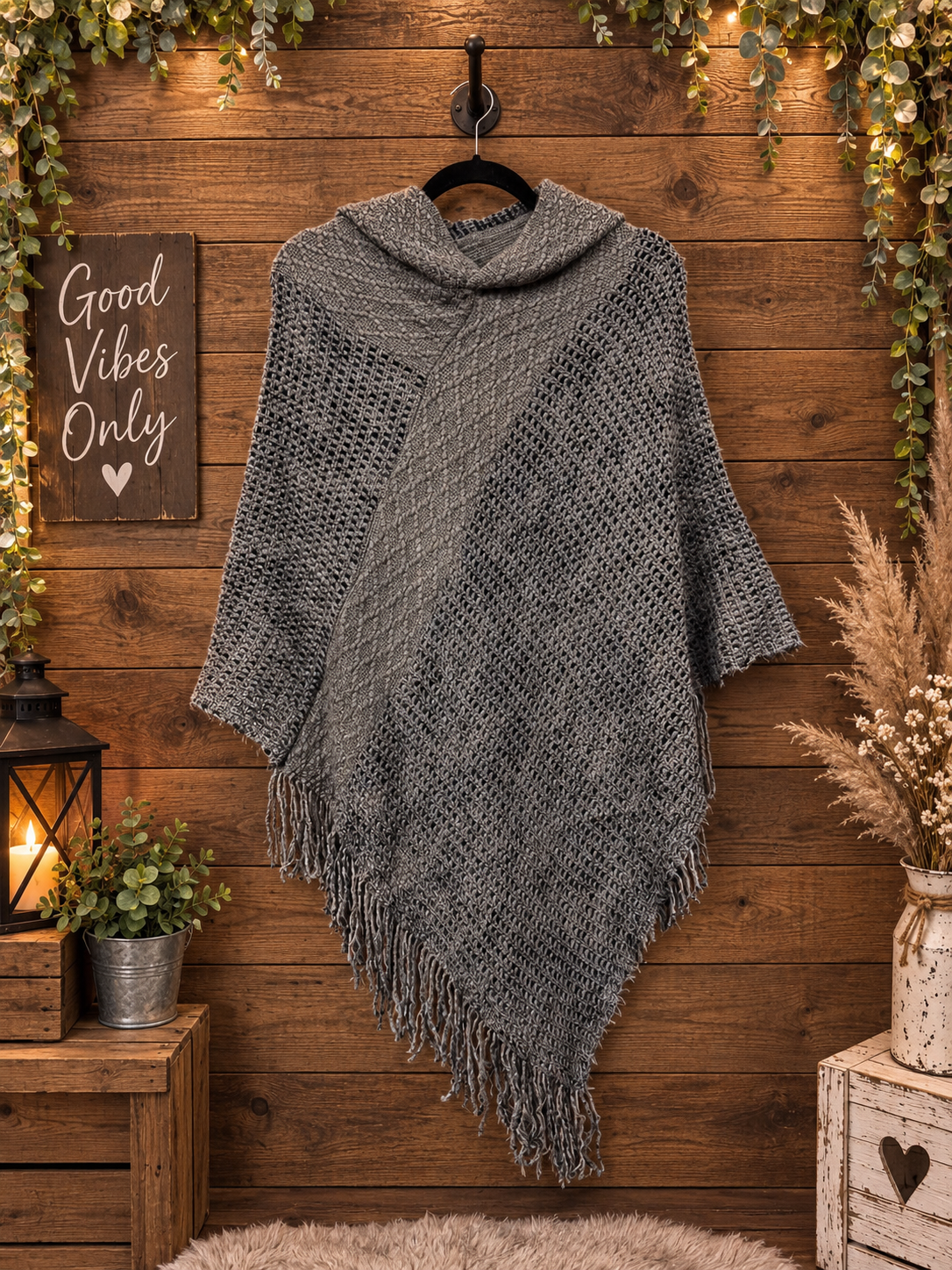 Navy/Grey Knitted Hooded Poncho