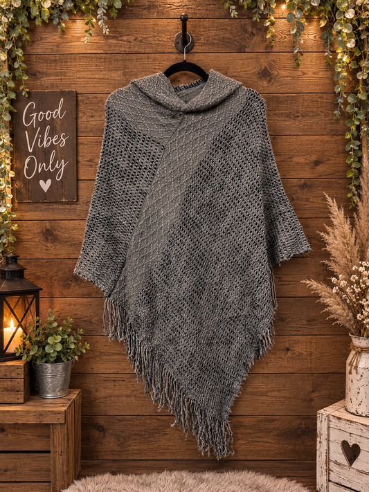 Navy/Gray Knitted Hooded Poncho