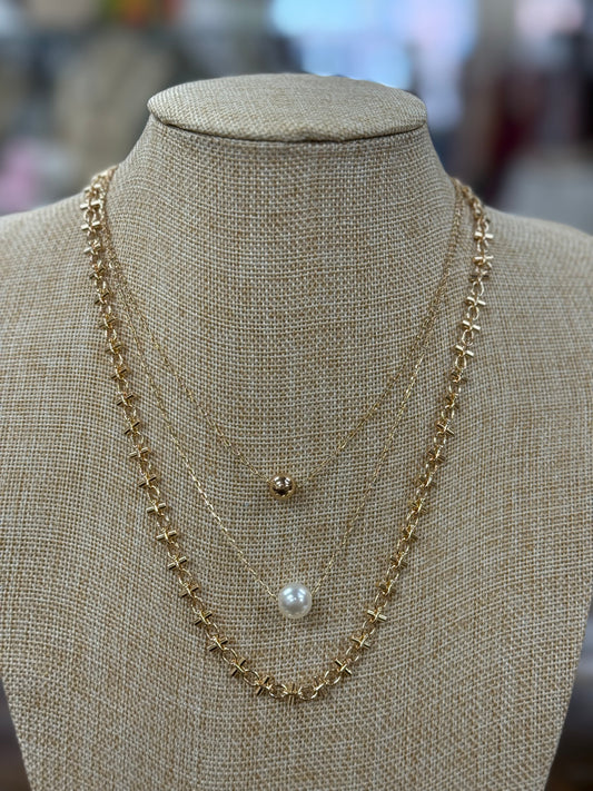 Water Resistant Gold and Pearl Triple Layered Necklace