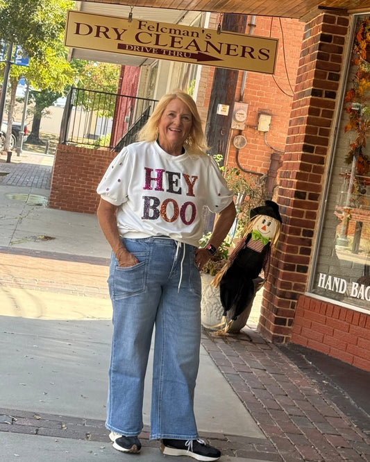 Sequin Hey Boo Blouse With Puffy Gemmed Sleeves