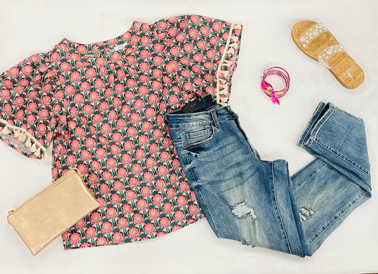 Fringe Trim Short Sleeve Printed Top