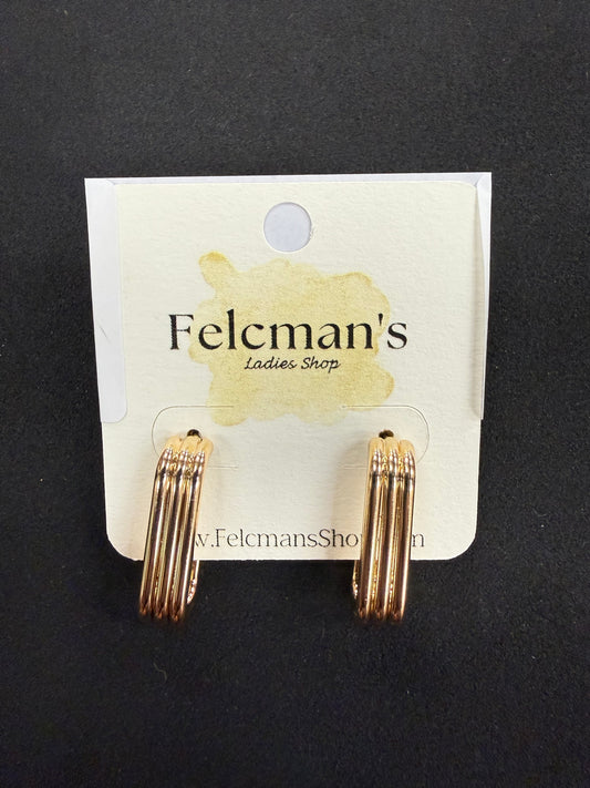 Gold Three Layered Tubing Oval Hoop Earring