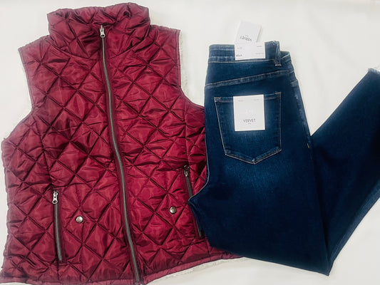 Fuzzy Wine Puffer Vest