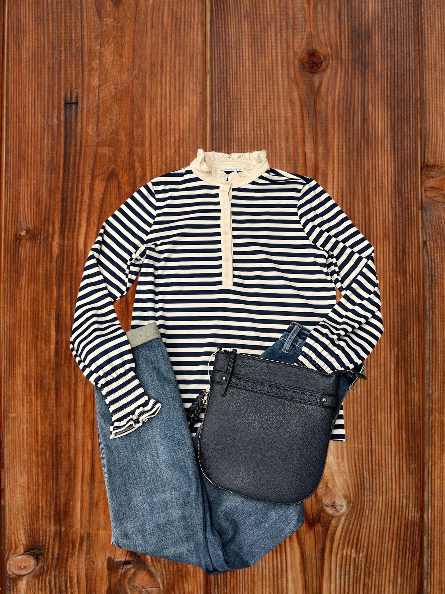 Sloane Stripe Ruffle Collar Half Zip Top