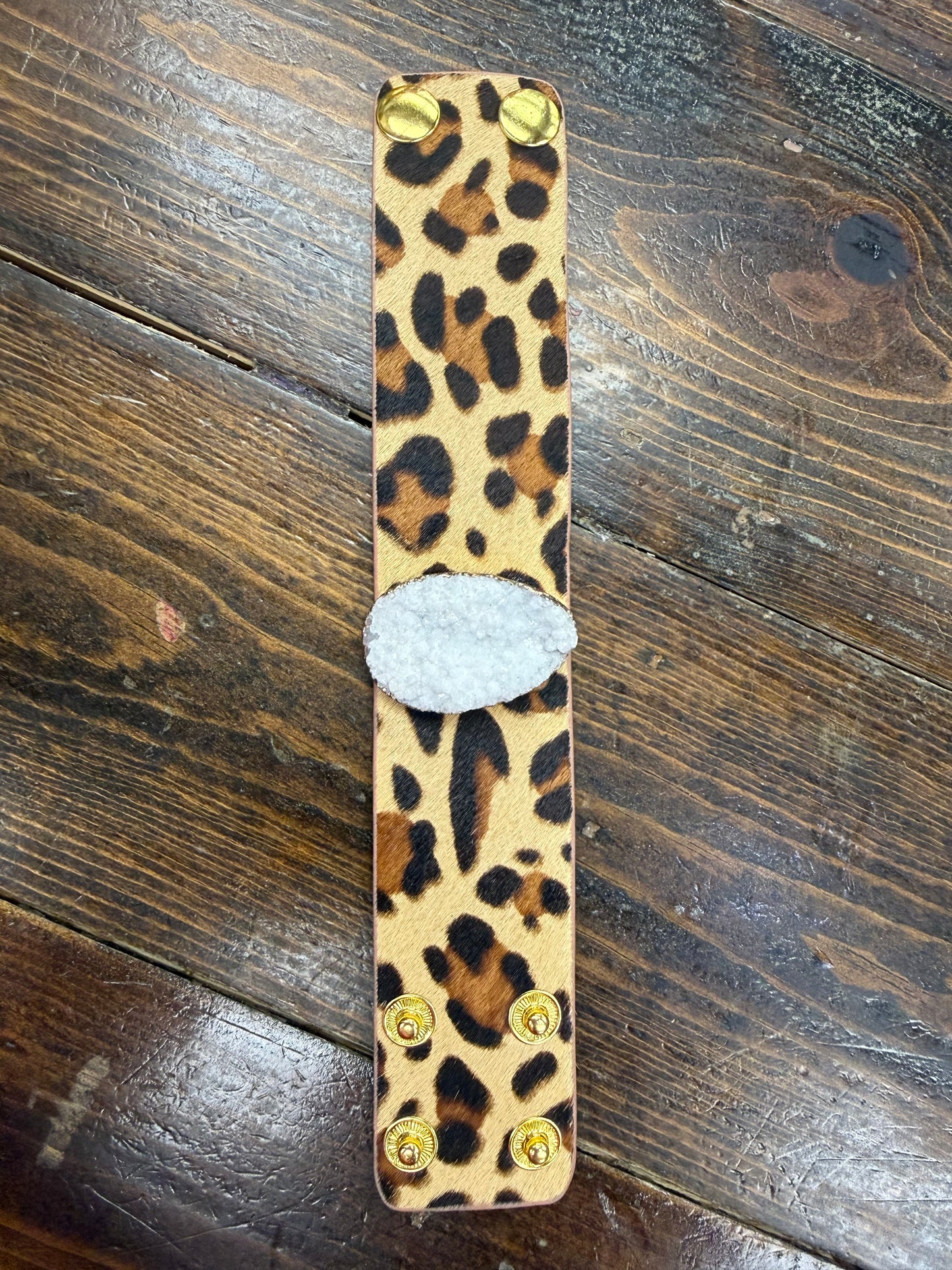 Cheetah Print Leather Druzy Stone Snap Bracelet