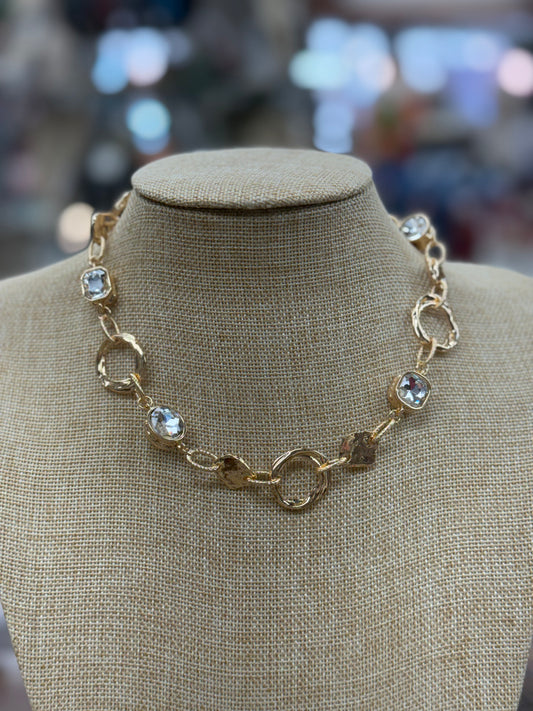 Gold Textured Necklace With Clear Gem Stones