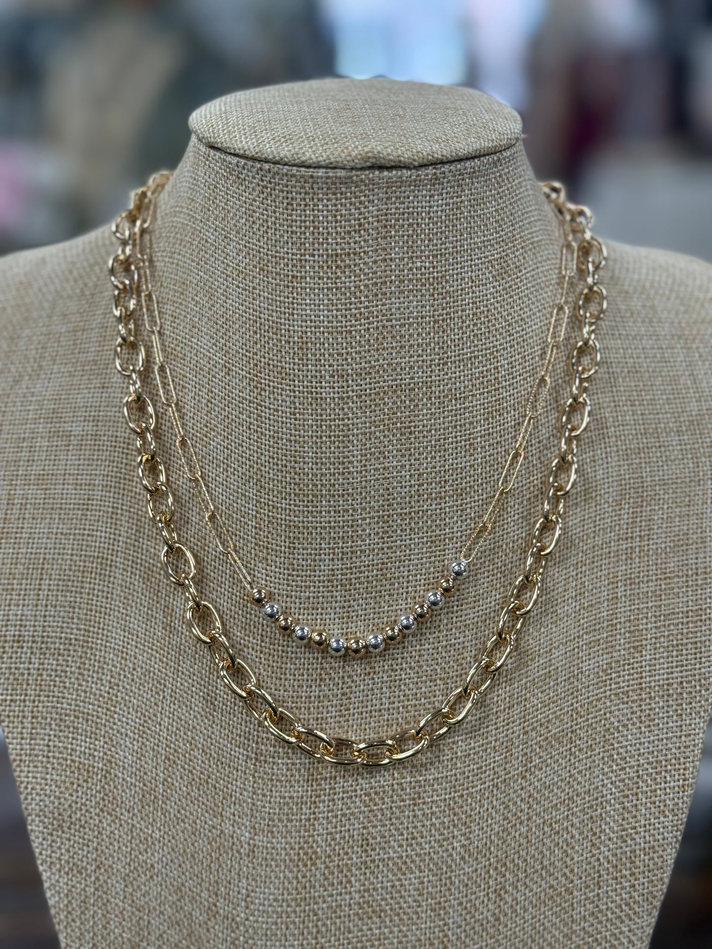 Water Resistant Gold and Silver Beaded with Gold Chain Necklace