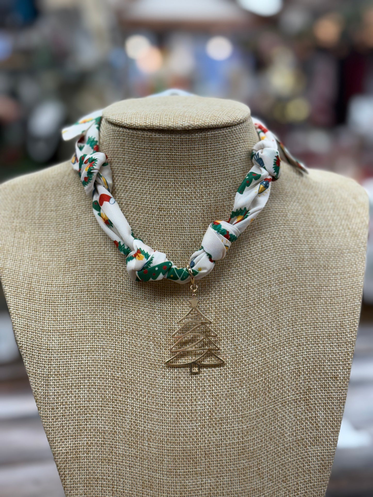 Christmas Printed Silk Knotted Scarf Necklace With Gold Tree Charm