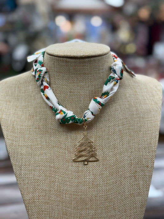 Christmas Printed Silk Knotted Scarf Necklace With Gold Tree Charm