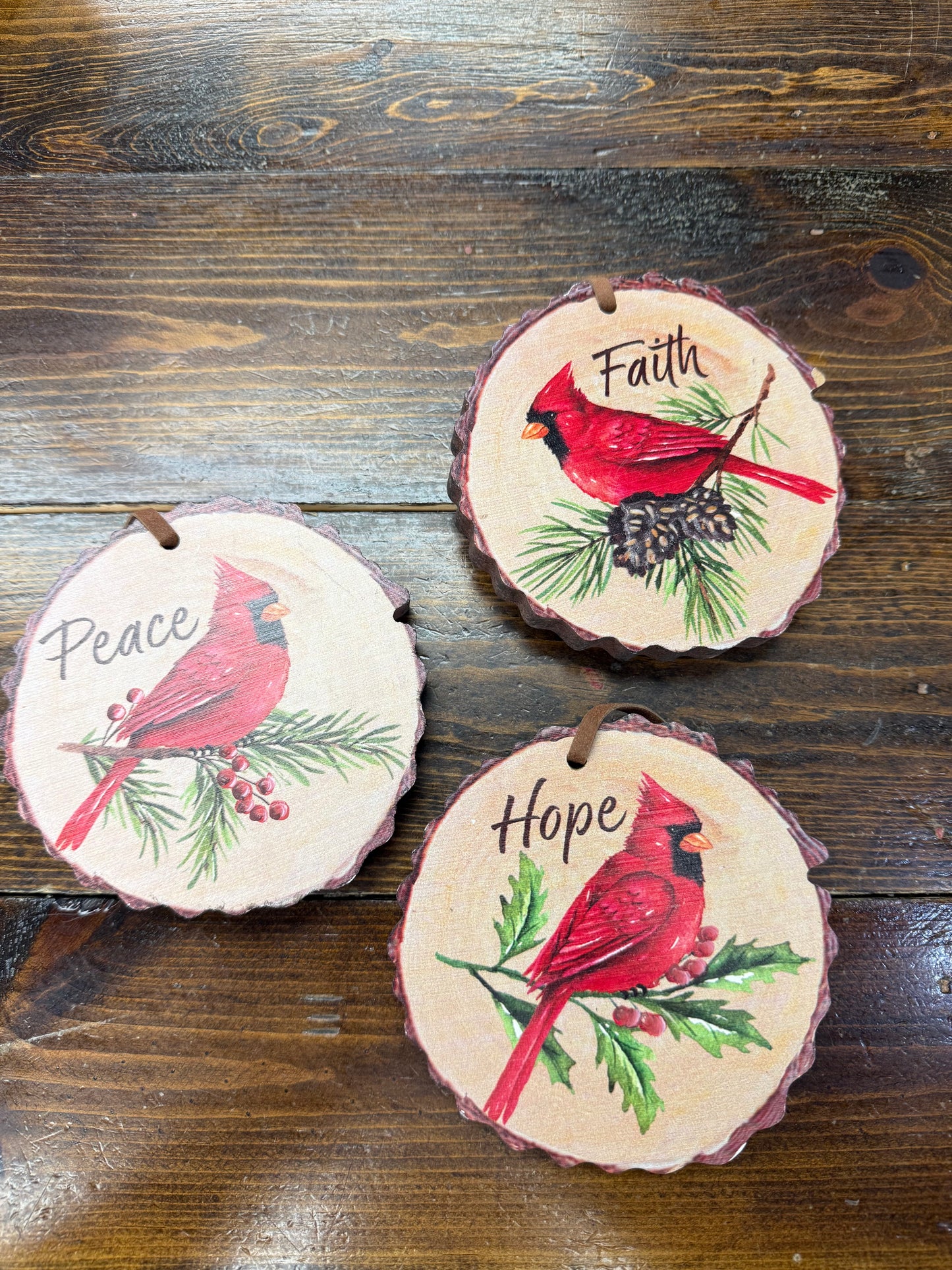 Wood Chunk Peace Love Hope Cardinal Ornament